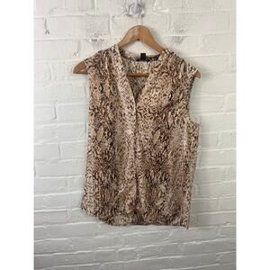 Lord & Taylor Women's V Neck Button-Up Blouse Top Printed Brown Size Large